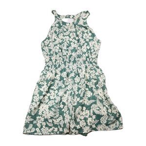 Three Bird Nest Tropical Leaf Romper Halter Neck Womens L Elastic Pockets Green